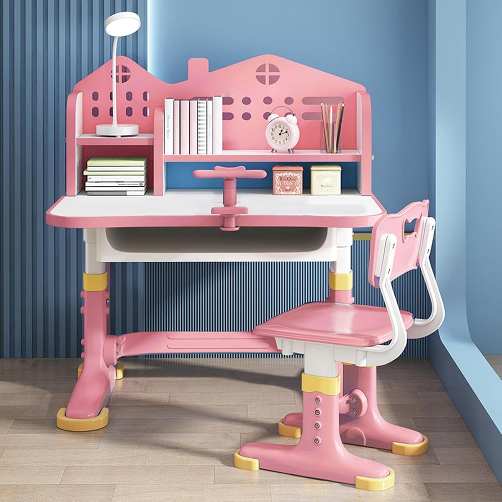 Honrane Kids Study Desk and Chair Set, Height Adjustable Kids School Desk, Cartoon Learning Desks, Kids Desk with Storage, Children Study Table with Storage, Castle Backboard, Bookshelf (Pink), Large