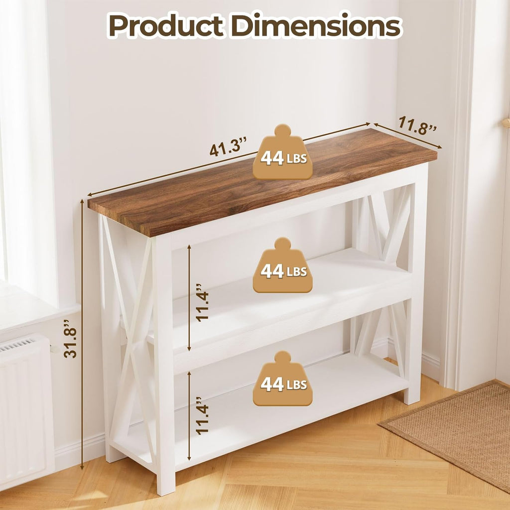 3-Tier Wood Entryway Table: 41" Narrow Console Shelf for Hallway - Farmhouse Sofa Desk Storage for Living Room (White)