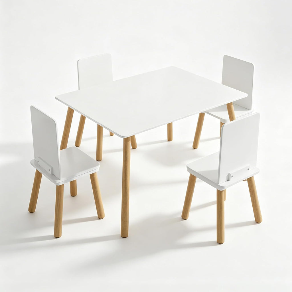 Table & 4 Chairs Set is for Boys Girls, 5-Piece Wooden Activity Table Set with Solid Wood Legs, Boys Girls Play Table & Chair Set for Drawing, Reading, Learning & Dining, White+Natural