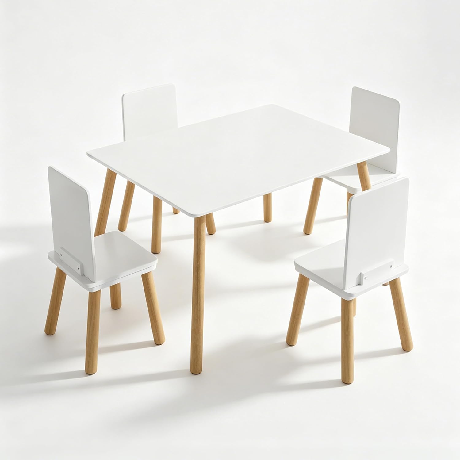 Table & 4 Chairs Set is for Boys Girls, 5-Piece Wooden Activity Table Set with Solid Wood Legs, Boys Girls Play Table & Chair Set for Drawing, Reading, Learning & Dining, White+Natural