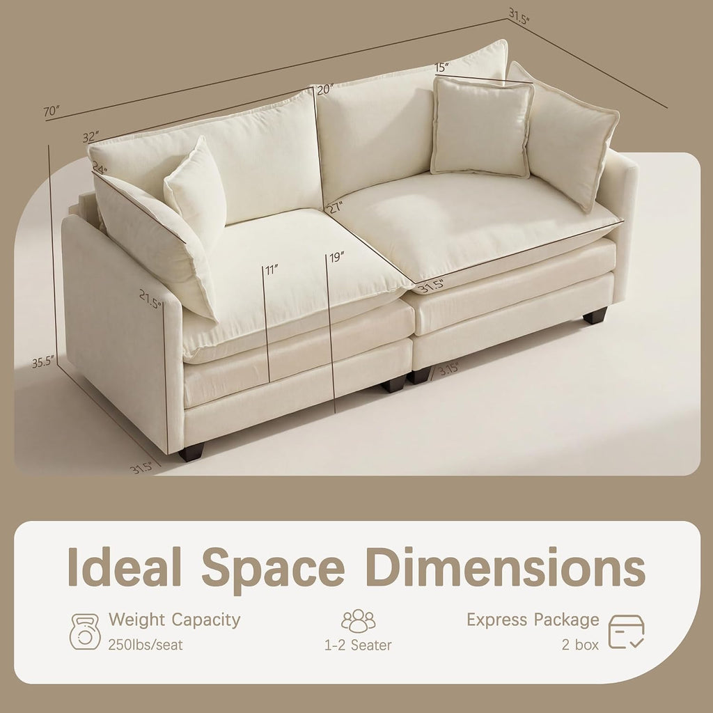 Oversized Loveseat Sofa, 70" Sectional Cloud Couch, 2 Seat Modern Comfy Sofa Chenille Deep Seat Couches with 2 Pillows, for Small Apartment, Living Room (Beige 70" Loveseat)