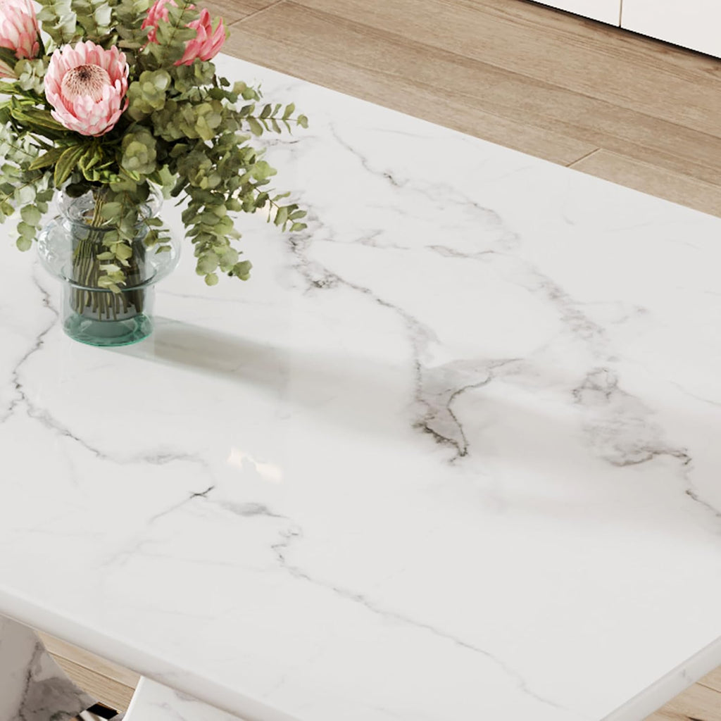 JUFU 63" Faux Marble Dining Table for 4-6 People, Modern Rectangular Kitchen & Dining Room Table, White Marble-Look MDF Tabletop with U-Shaped Pedestal Base, Easy Assembly Dining Table