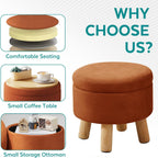 Small Foot Stool Ottoman with Storage, Velvet Ottoman Foot Rest for Couch, Round Footstool with Storage, Small Ottomans and Footstools for Living Room and Entryway (Orange)