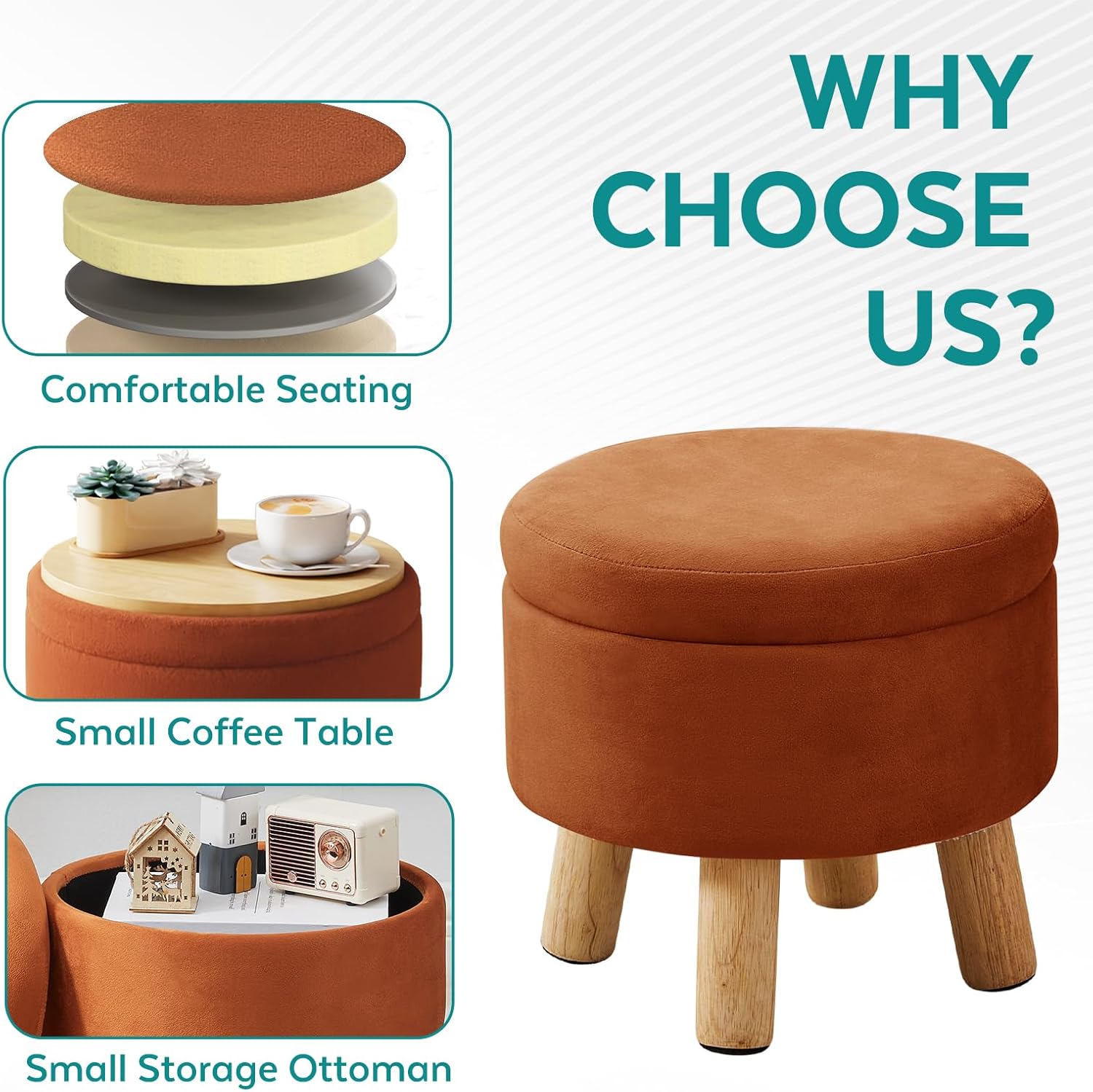 Small Foot Stool Ottoman with Storage, Velvet Ottoman Foot Rest for Couch, Round Footstool with Storage, Small Ottomans and Footstools for Living Room and Entryway (Orange)