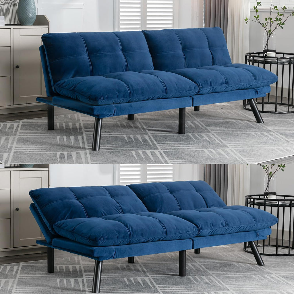 Modern Navy Blue Velvet Convertible Folding Futon Couch Sofa Bed | Adjustable Pillow Top Arm Memory Foam Couch Double Loveseat Sofa for Compact Living Space,Dorm,Game Studio,Apartment,Bedroom