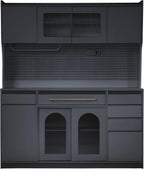 Freestanding Kitchen Pantry Cabinet with Hutch, Large Coffee Bar Storage Cabinet with Adjustable Shelves, Drawers, Pegboard, Towel Rack and Power Outlet (Black)