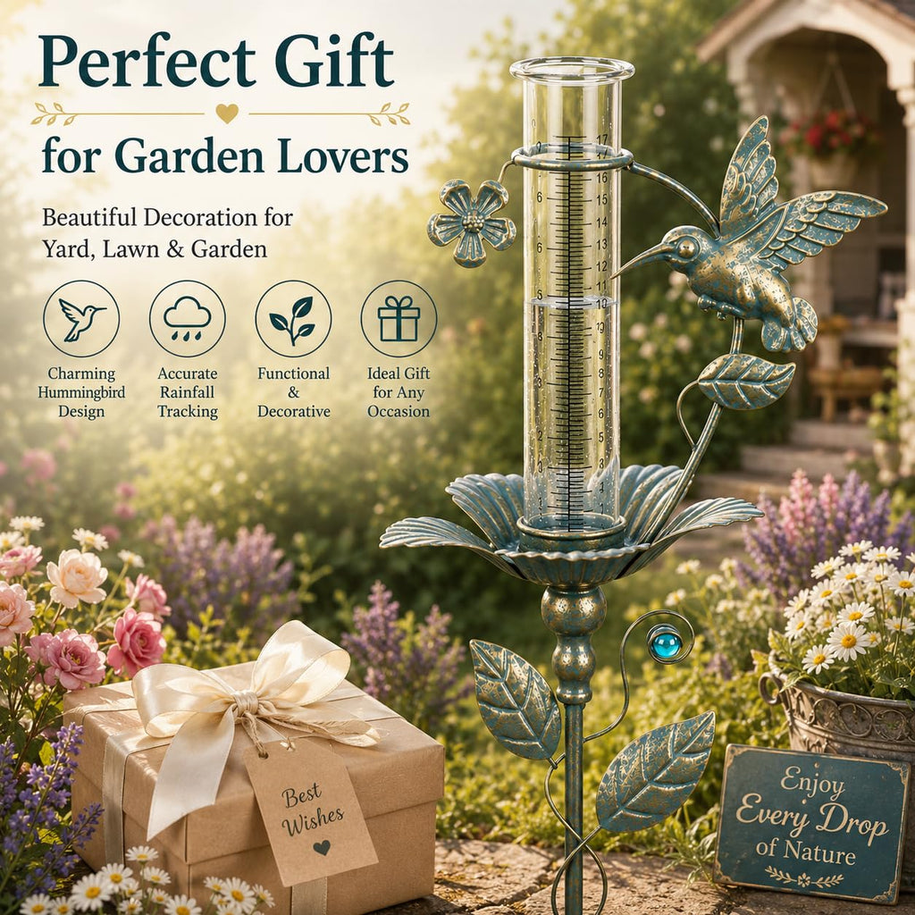 Rain Gauge Outdoor Decorative Hummingbird 7" Metal Rain Gauges Glass Tube | for Yard Garden,Pathway, Patio Freeze Proof Height Adjustable, Metal Water Gauge for Rain
