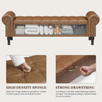 YOUDENOVA 60" Entryway Bench with Storage, PU Leather End of Bed Bench with Tufted Button, Upholstered Ottoman Bench with Rolled Arms for Living Room, Storage Room, Bedroom, Brown