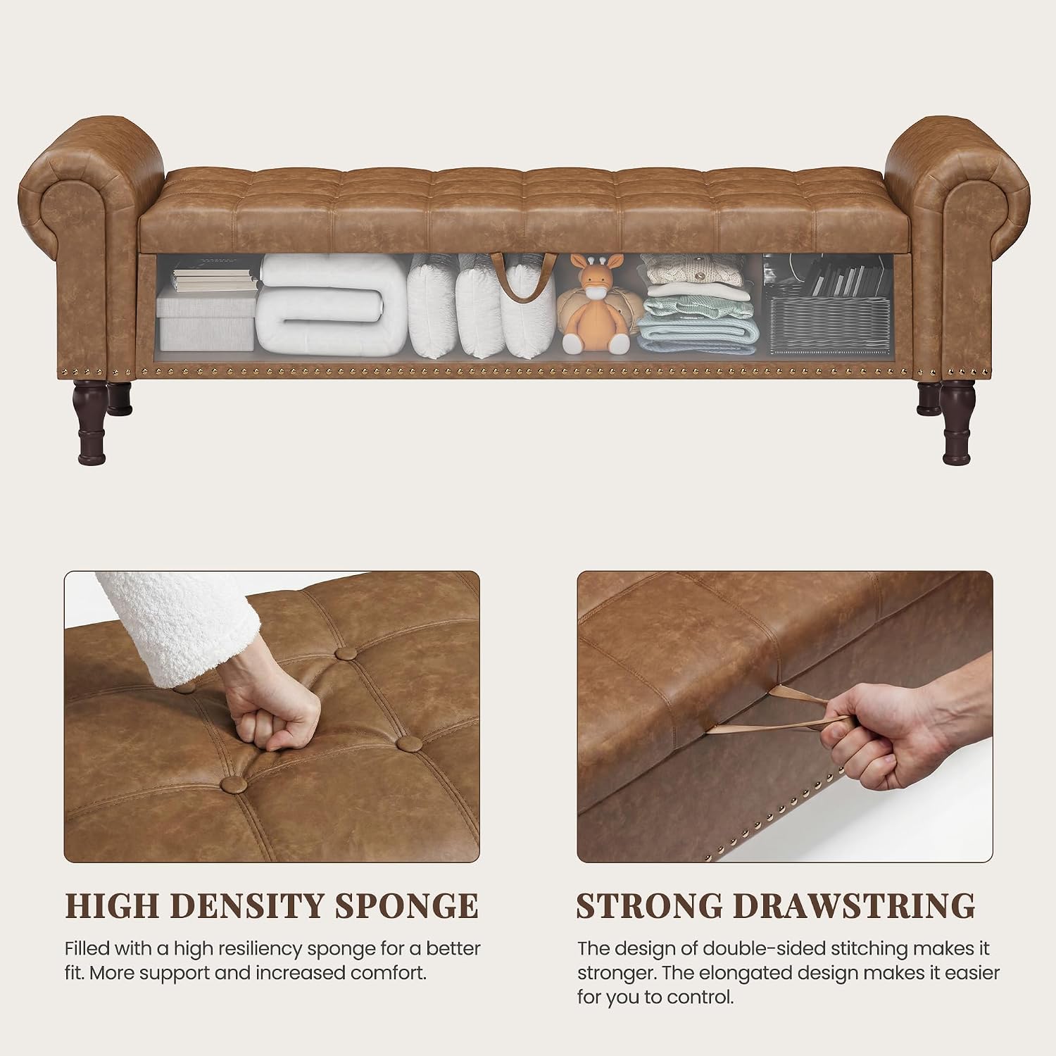 YOUDENOVA 60" Entryway Bench with Storage, PU Leather End of Bed Bench with Tufted Button, Upholstered Ottoman Bench with Rolled Arms for Living Room, Storage Room, Bedroom, Brown