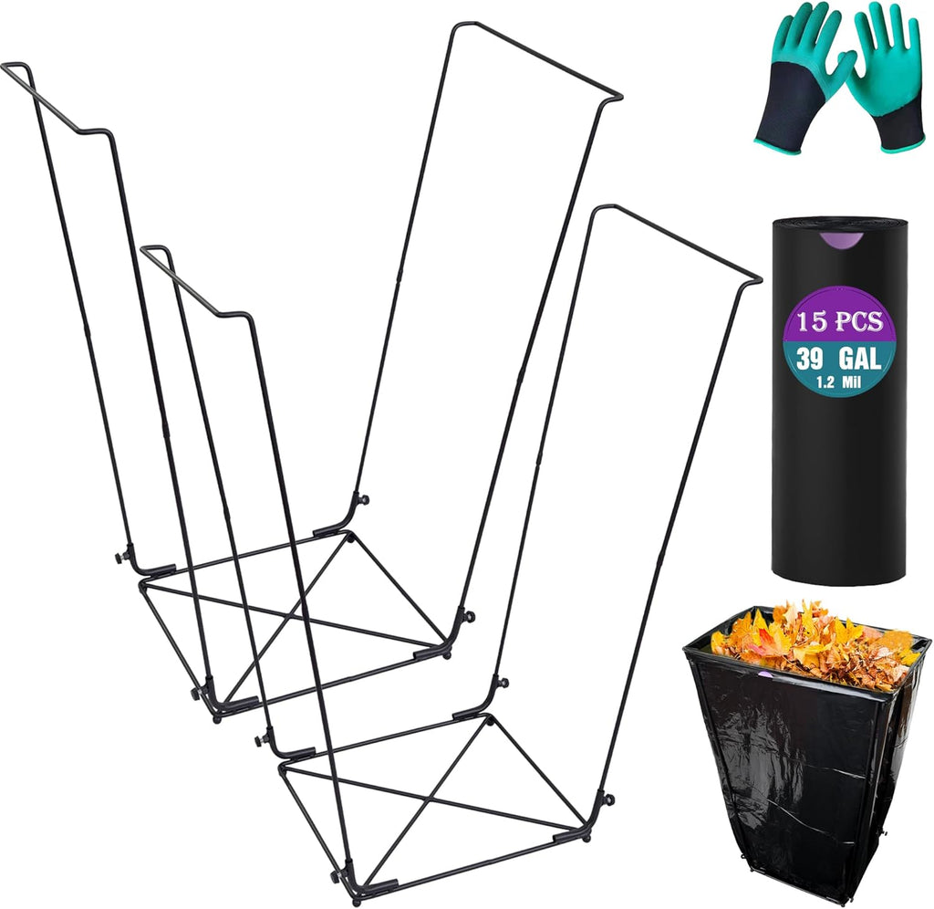 2PCS Trash Bag Holder Outdoor Leaf Bag Support Stand with 15 PCS 39 Gallon trash bags | Metal Garbage Bag Frame Holder for 30-45 Gallons Bags for Camping, Leaves, Gardening Parties