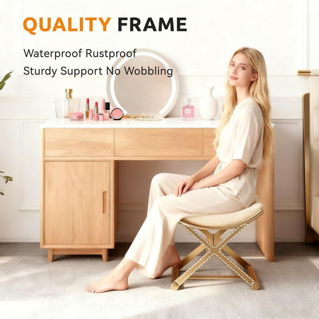 Vanity Stool Chair - Upholstered Makeup Stool with Leather Cushion - Modern Small Ottoman for Bedroom, Living Room, and Bathroom