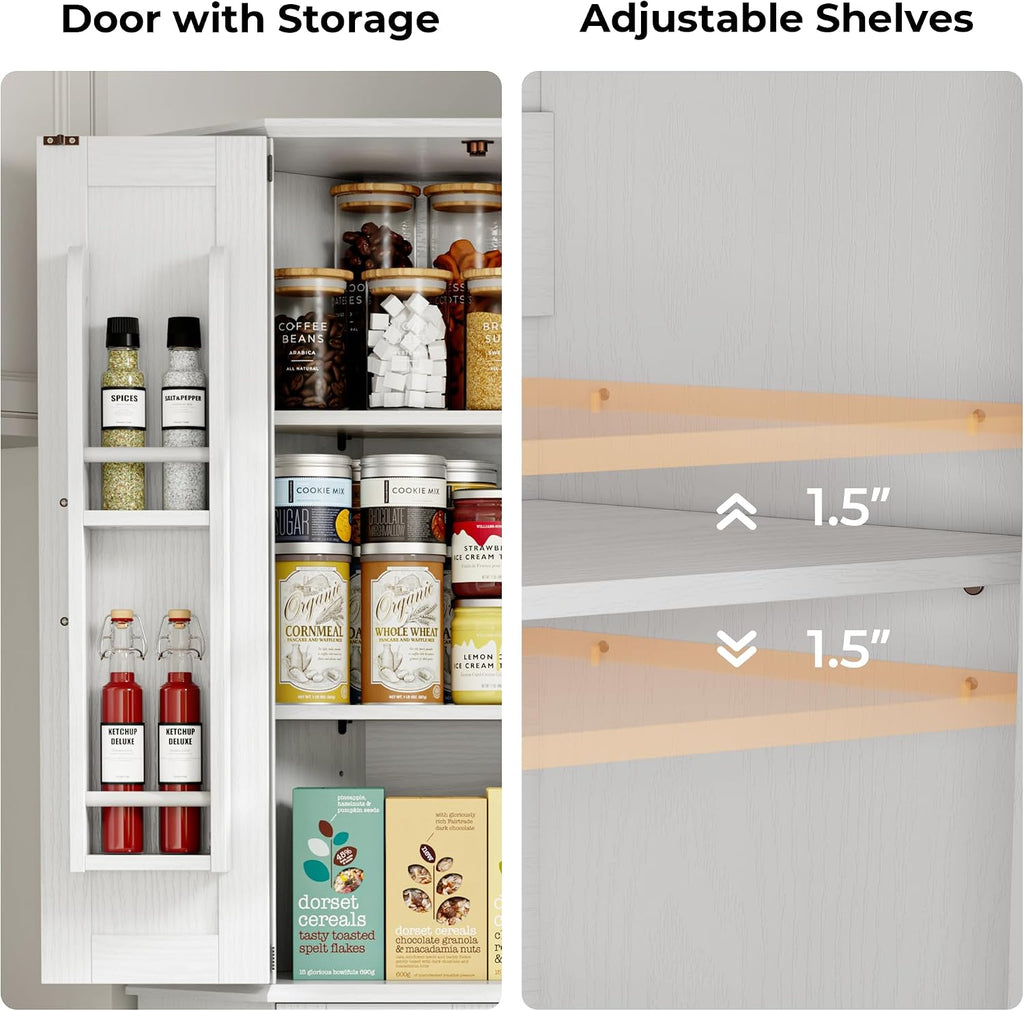 IRONCK Corner Cabinet, 72" Farmhouse Pantry Cabinet, White | 6 Tiers Shelves with 2 adjustable shelves, 240° swivel doors and spacious storage for kitchens, dining rooms, living rooms