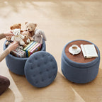 25" Round Ottoman with Storage, Small Coffee Table with Reversible Tray Lid | Tufted Fabric Round Storage Ottoman with Solid Wood Legs, 3-in-1 Footrest for Living Room, Bedroom, Entryway, Blue
