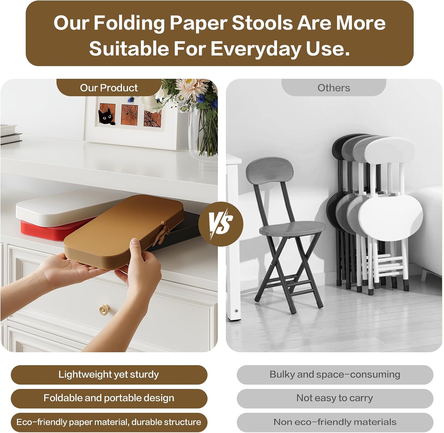 17 Inch Folding Stool 660lb Foldable Paper Stool, Eco-Friendly Kraft Paper Honeycomb Design Home Furniture Modern, Foldable to 1.2 Inch Round Foot Stool for Living Dining Room (Brown)