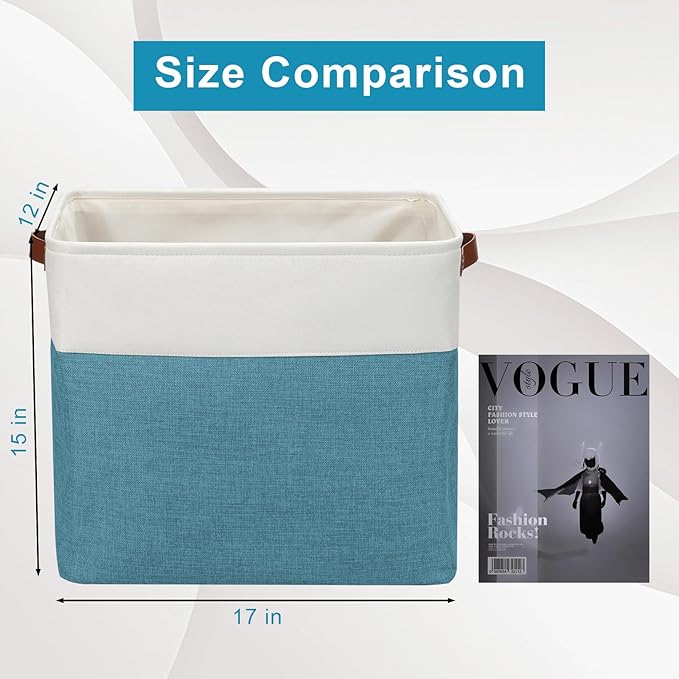 Large Fabric Storage Baskets | 50L Storage Bins, Decorative Linen Closet Baskets with Handles for Organizing, Shelf, Toys, Clothes, Home, Office, Nursery, 17x12x15Inches (Teal&White)