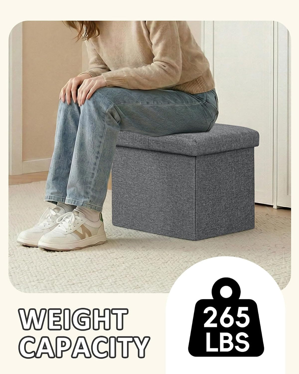 PINPLUS Button Tufted Folding Linen Storage Ottoman 16.5", 36L Collapsible Storage Cube with Lid, Supports 250 lbs, Fabric Foot Rest Ottoman for Living Room, Bedroom, Entryway,Grey
