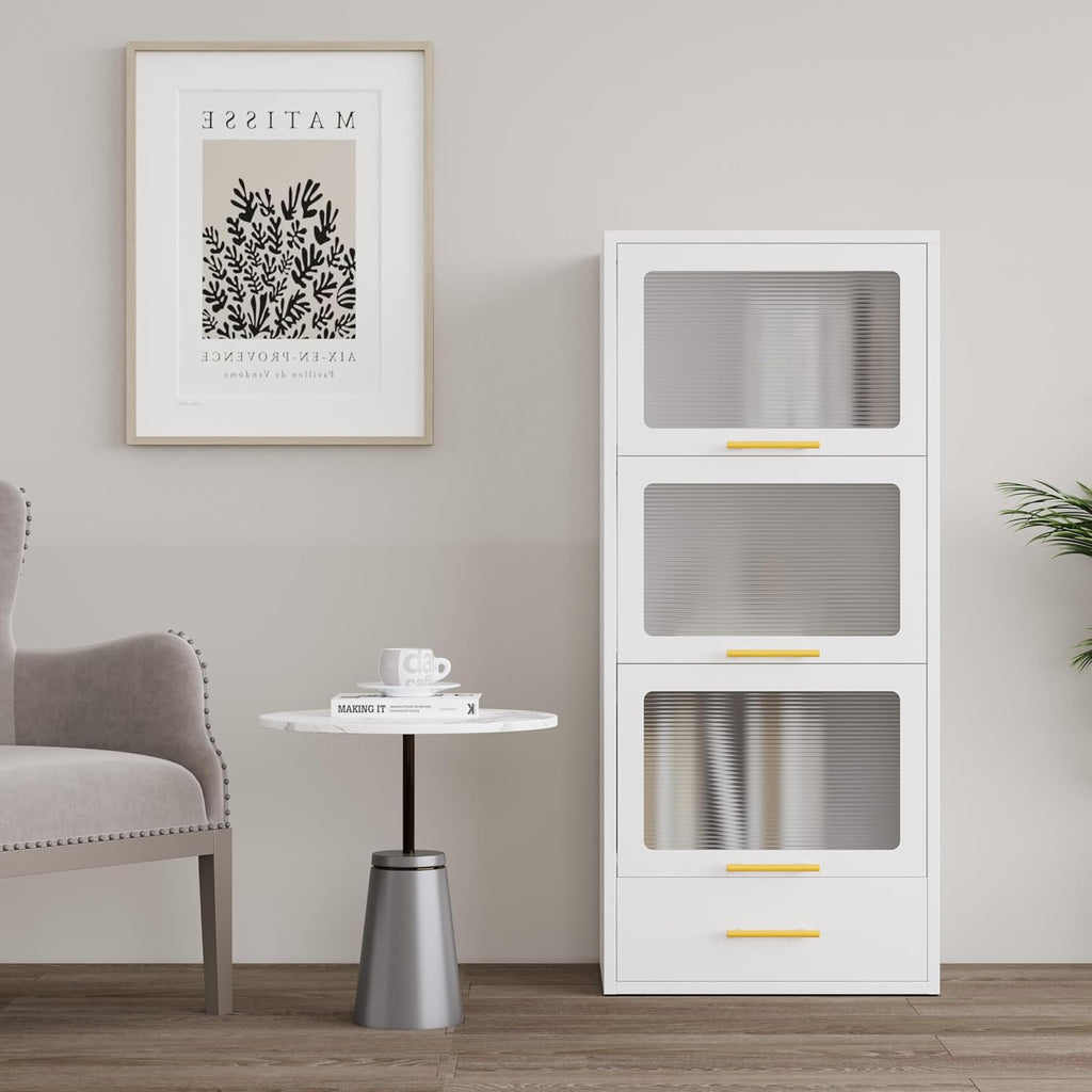 3-Tier Metal Kitchen Storage Cabinet with Drawer, Freestanding Microwaves Rack, Flip-up Acrylic Doors for Living Room & Dining Room, White