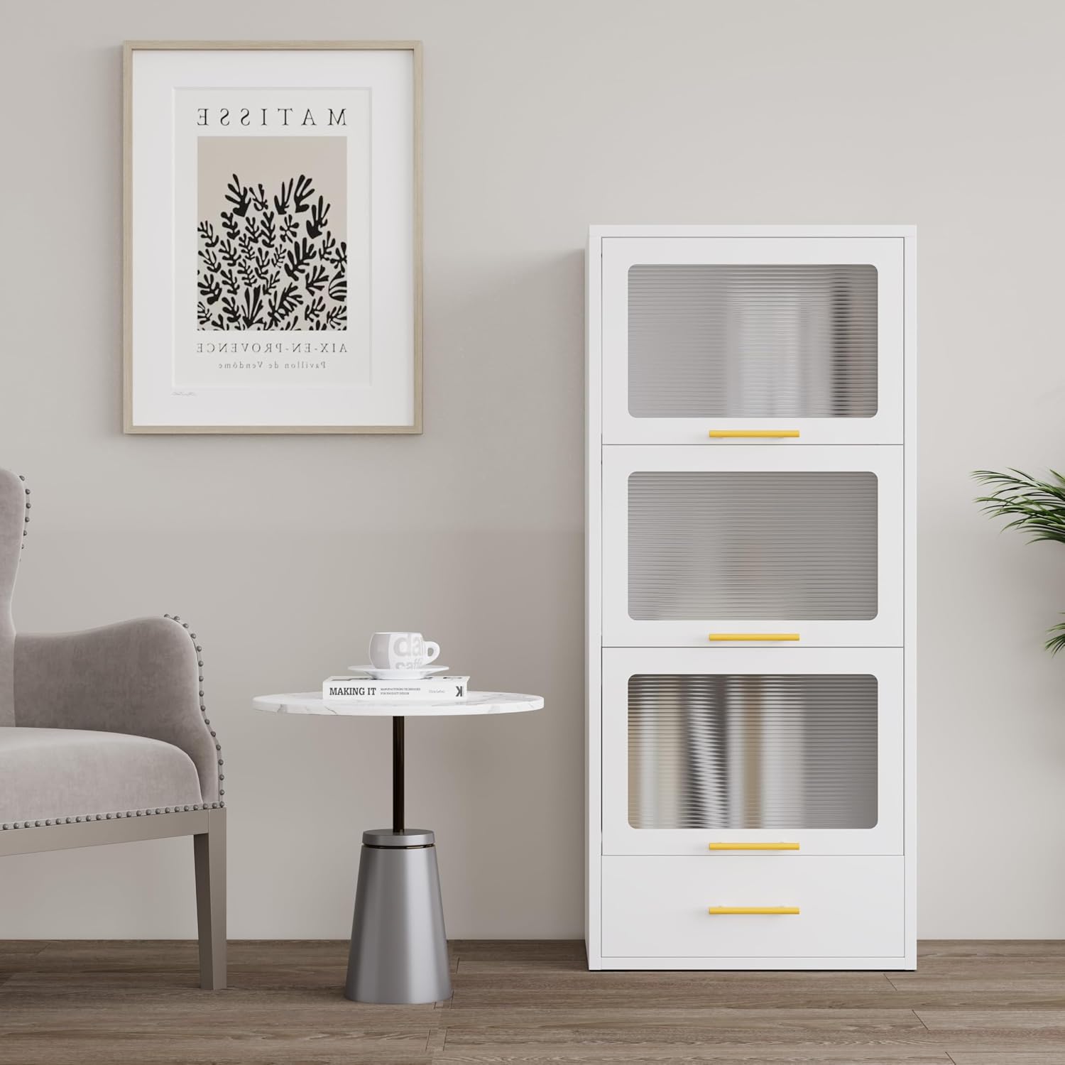 3-Tier Metal Kitchen Storage Cabinet with Drawer, Freestanding Microwaves Rack, Flip-up Acrylic Doors for Living Room & Dining Room, White