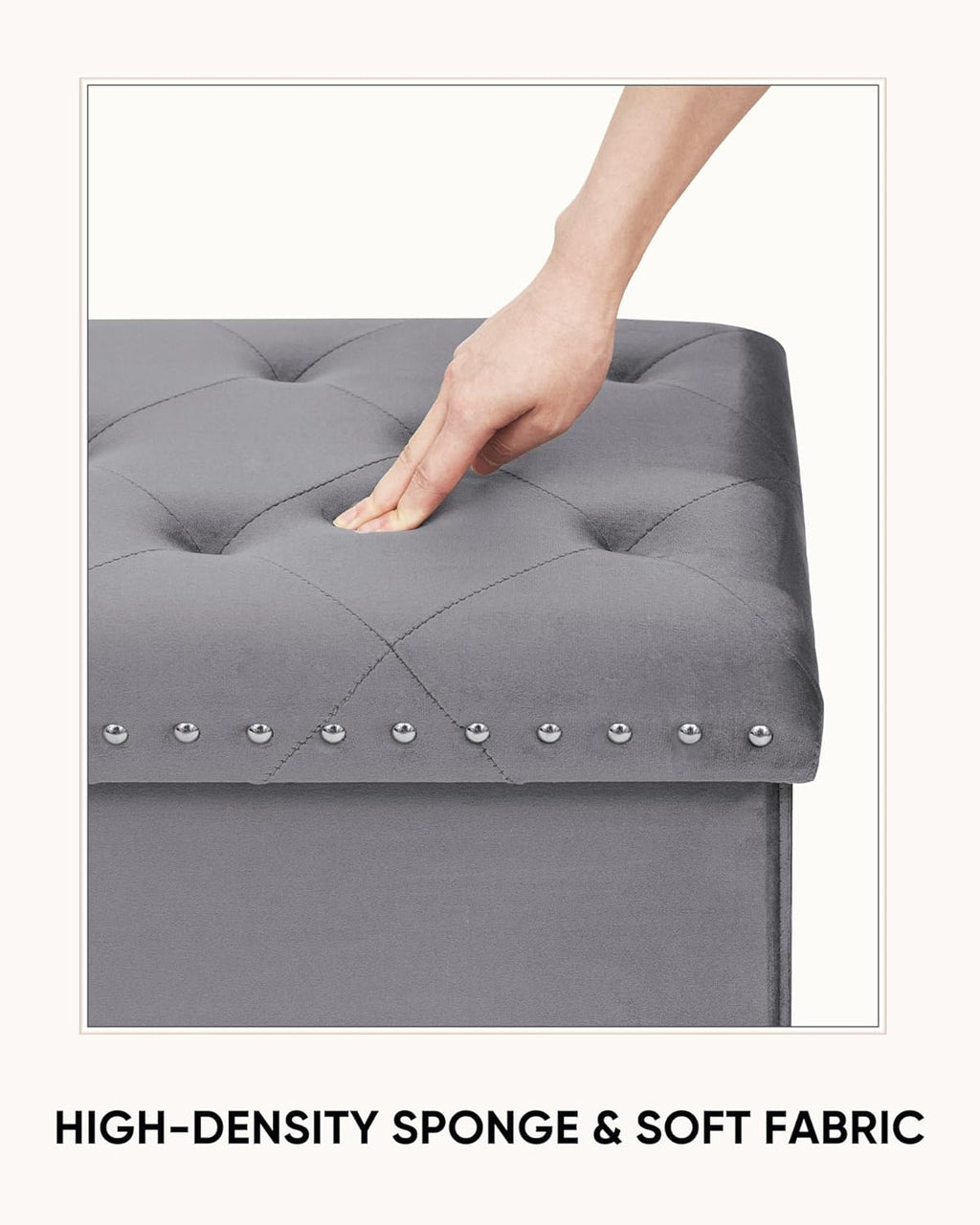 Velvet Storage Ottoman Bench, 43.3" Upholstered Tufted Ottoman with Storage, Folding Footrest Bench for Bedroom, Living Room, or Entryway, Grey