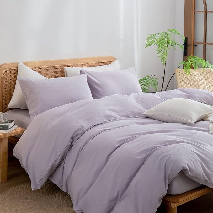 BESTOUCH Duvet Cover Set 100% Washed Cotton Linen Feel Super Soft Comfortable Chic Lightweight 3 PCs Home Bedding Set Solid Taro Purple Full/Double