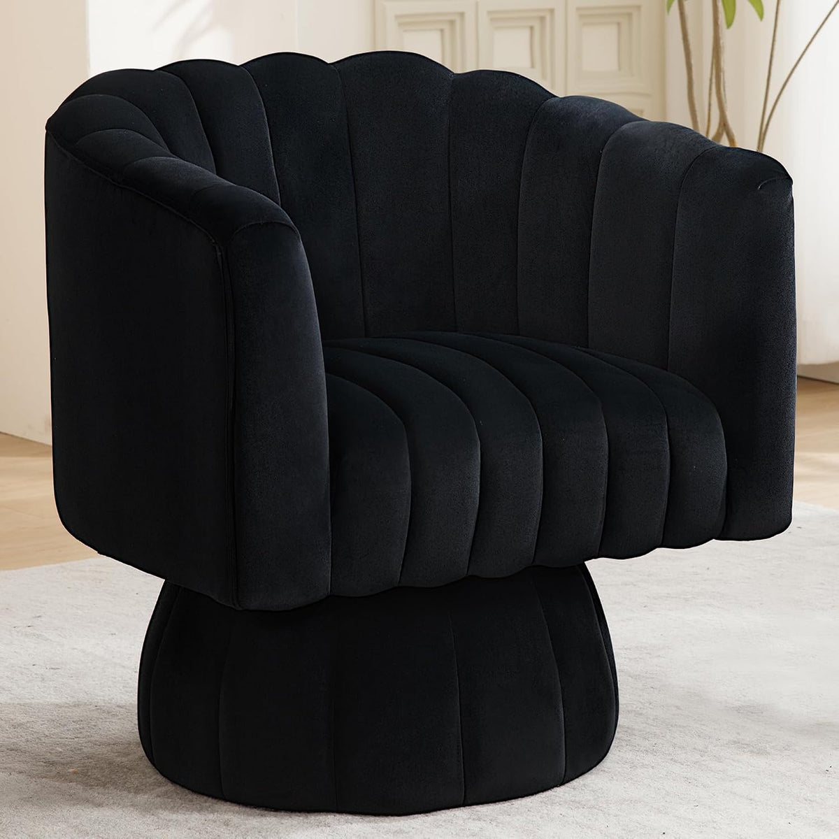 Swivel Accent Barrel Round Chair - Comfy 360° Arm Chairs Cute Small Sofa Club Velvet Reading Chair for Living Room Bedroom Office - Black