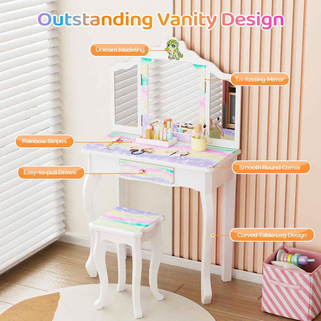 JOYMOR Luminous Unicorn Kids Vanity, 2-in-1 Toddler Vanity, w/Tri-Fold Mirror, 1 Drawer, Kids Vanity Table and Chair Set for Girls, Perfect Birthday