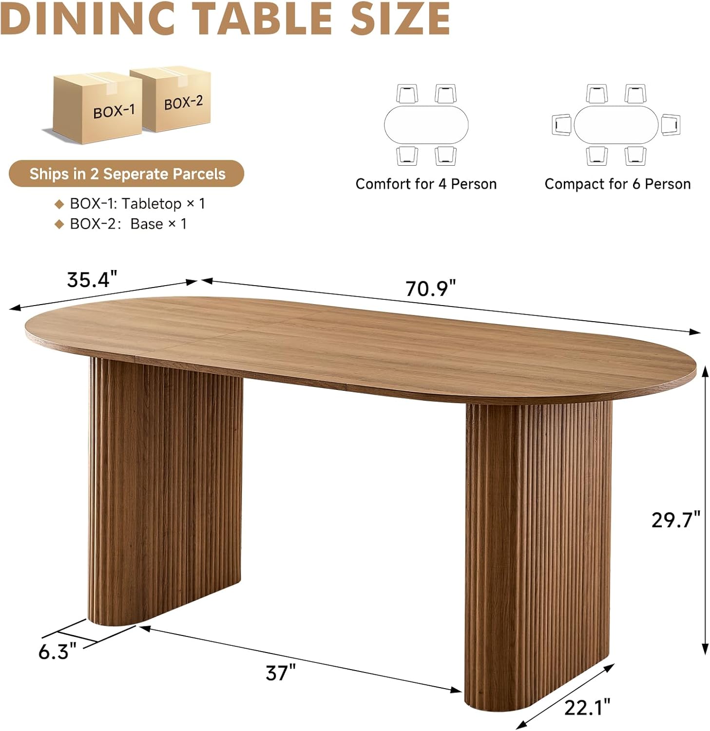 70.9" Large Dining Table for 4, [Rounded Edges] [Fully Assembled Table Base] Modern Wood Kitchen Dinner Table for Restaurant Apartment Meeting Study Room, Easy Setup, Brown