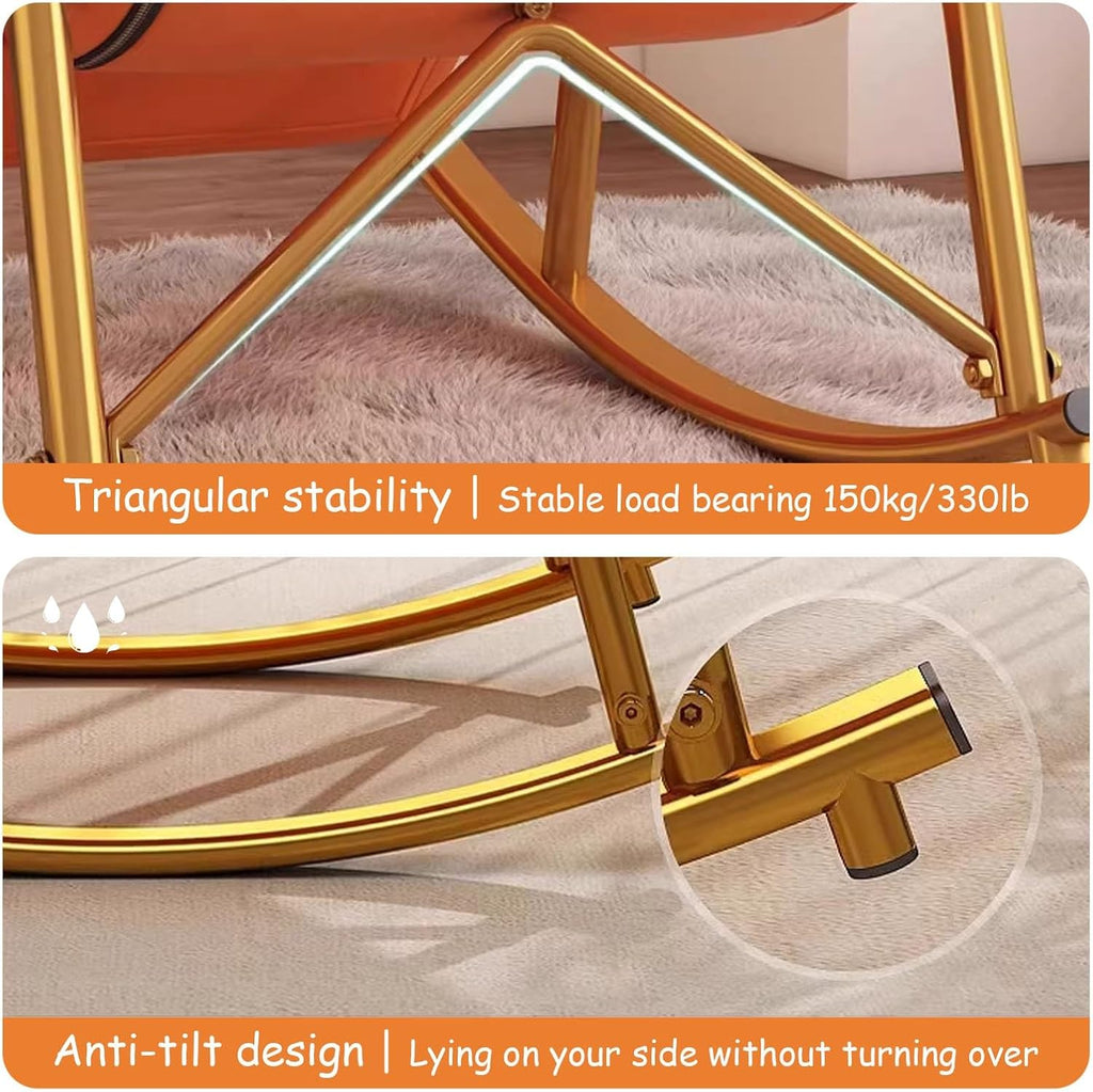 Rocking Chair, Adjustable Backrest Chair with Side Pockets, Side Armchairs for Balcony Porch Patio(Orange+Gold Legs)