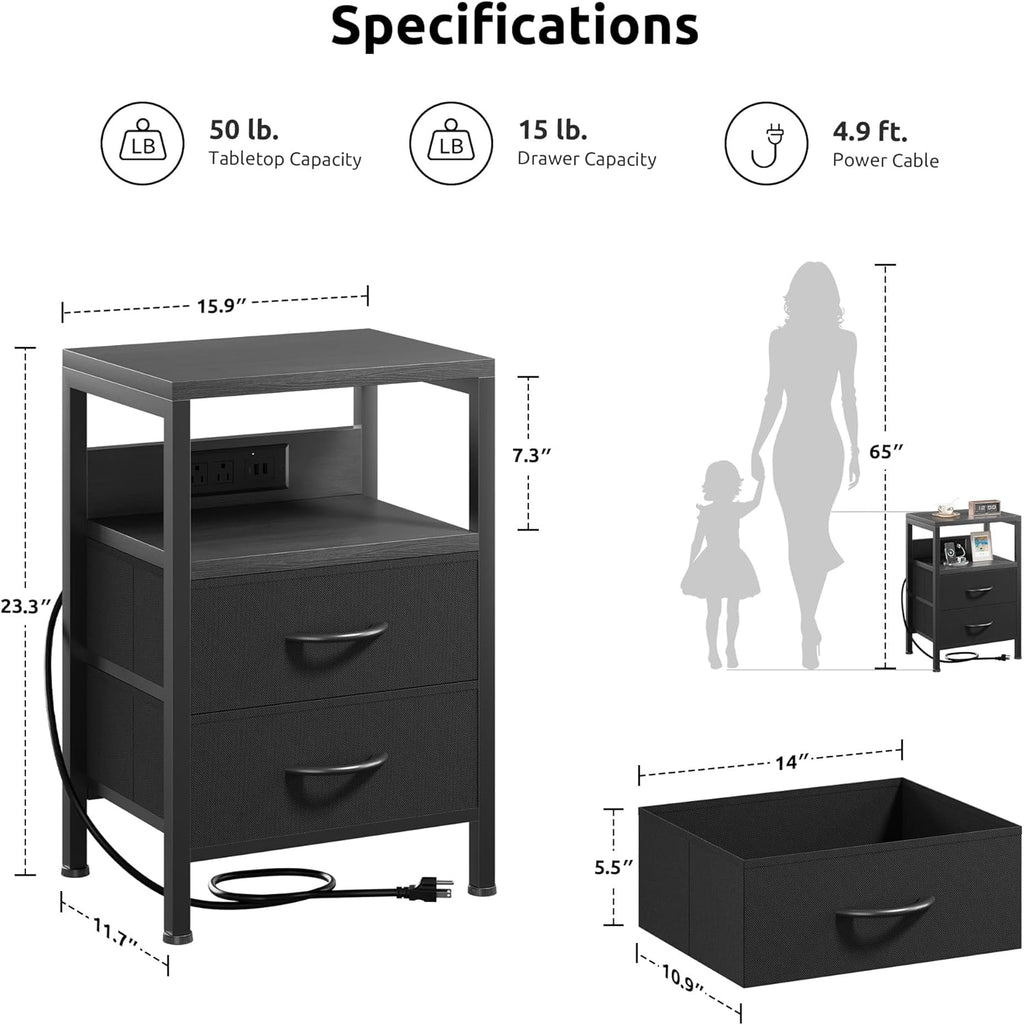 Lazzanto Night Stand with Charger Station for Bedroom, Black Nightstand | Bedside Table, Open Shelf, 2 Fabric Drawers, Built in USB-A, USB-C Port & AC Outlets, For Dorm, Living Room, Bedroom
