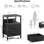 Lazzanto Night Stand with Charger Station for Bedroom, Black Nightstand | Bedside Table, Open Shelf, 2 Fabric Drawers, Built in USB-A, USB-C Port & AC Outlets, For Dorm, Living Room, Bedroom