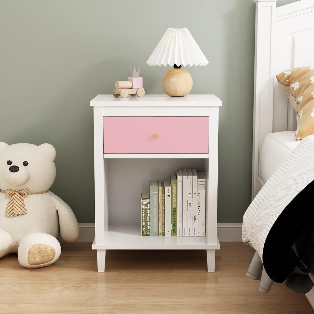 26.77''H Wooden Nightstand with One Drawer One Shelf, Pink ﻿,for Small Spaces