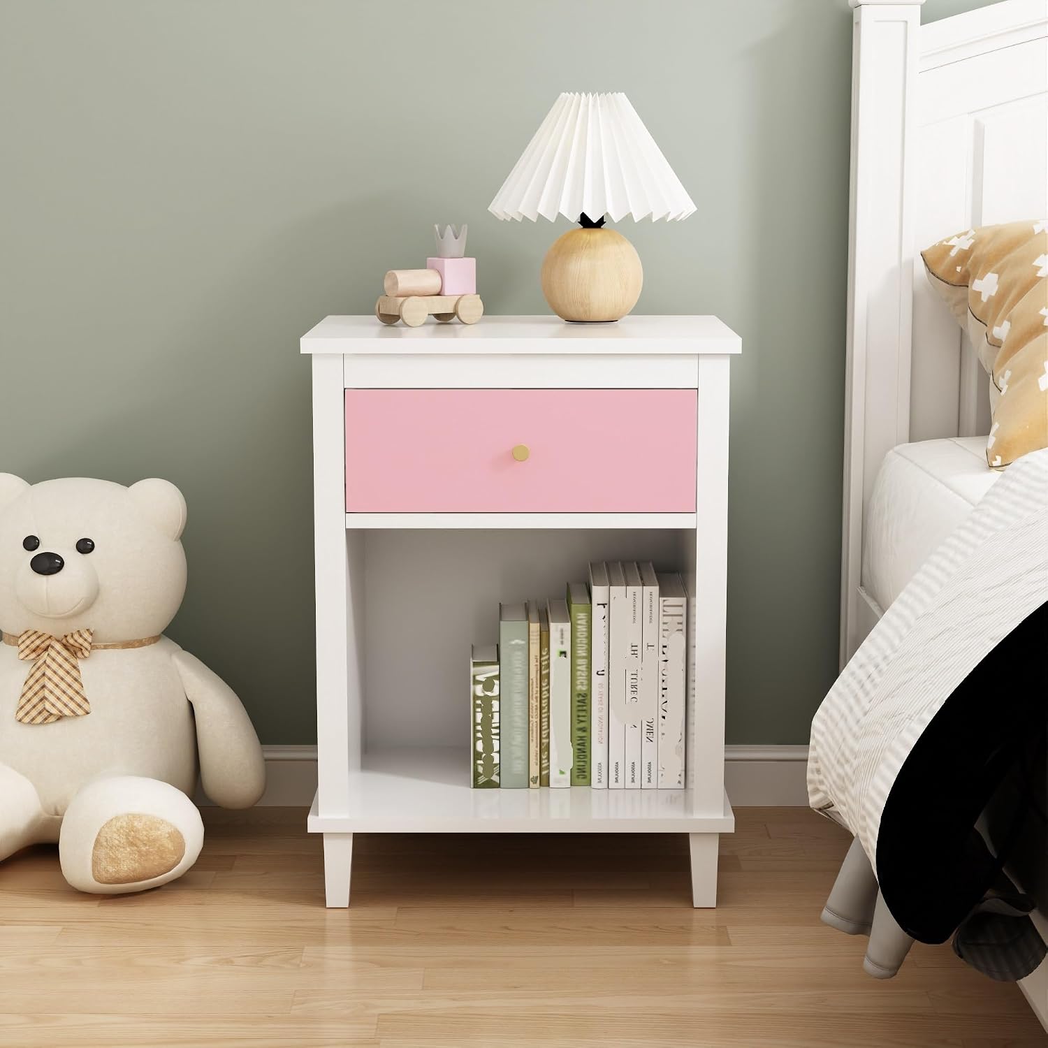 26.77''H Wooden Nightstand with One Drawer One Shelf, Pink ﻿,for Small Spaces