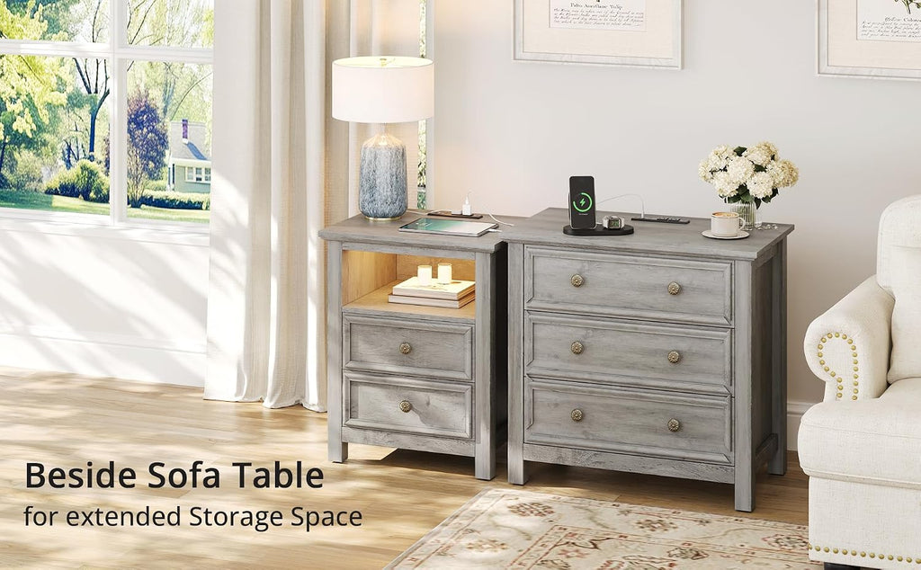 LGHM Set of 2 Large Nightstand with Charger Station, 27" W Night Stand with 3 Large Drawers, Accent Small Dresser Bed Side Table, Stable Thick Wood Legs, Timeless Look,Gray