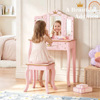 UTEX Pink Crown Princess Kids Vanity Set with Drawer for Little Girls | Wooden Toddler Vanity, Kids Vanity Table and Chair Set, Crown and Star Patterns, Gold Edge Trim, Princess Style