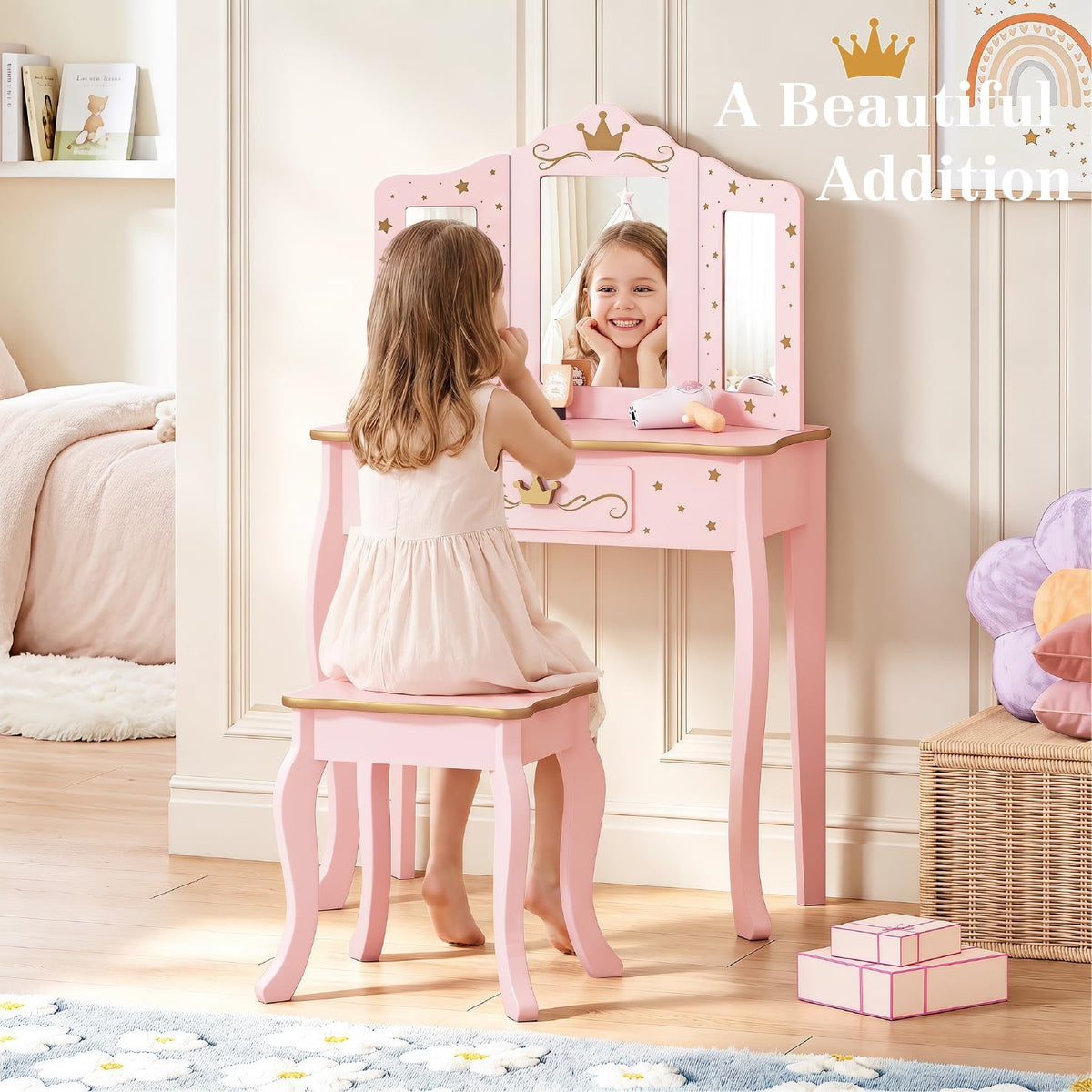 UTEX Pink Crown Princess Kids Vanity Set with Drawer for Little Girls | Wooden Toddler Vanity, Kids Vanity Table and Chair Set, Crown and Star Patterns, Gold Edge Trim, Princess Style