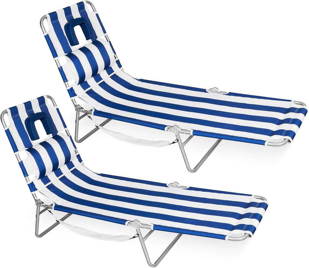 Romswi 2PK Folding Tanning Beach Chair with Face Hole, 5-Position Reclining Sun Lounger, Portable Face Down Tanning Chair with Arm Holes & Side Pocket for Beach, Pool, Patio, Navy and White Stripe