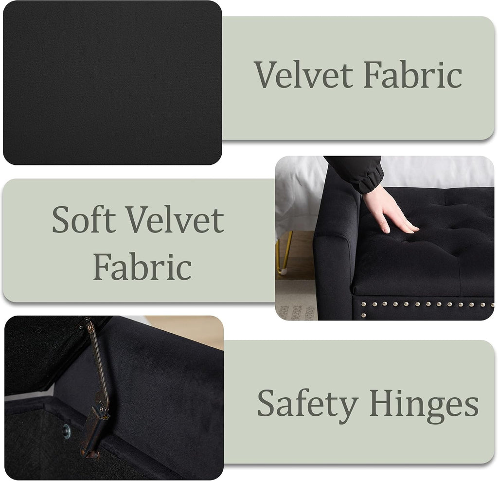 47in Velvet Storage Ottoman Bench with Arms, Upholstered Storage Bench with Wooden Legs, Storage Bench for Bedroom, Living Room, Entryway, Black