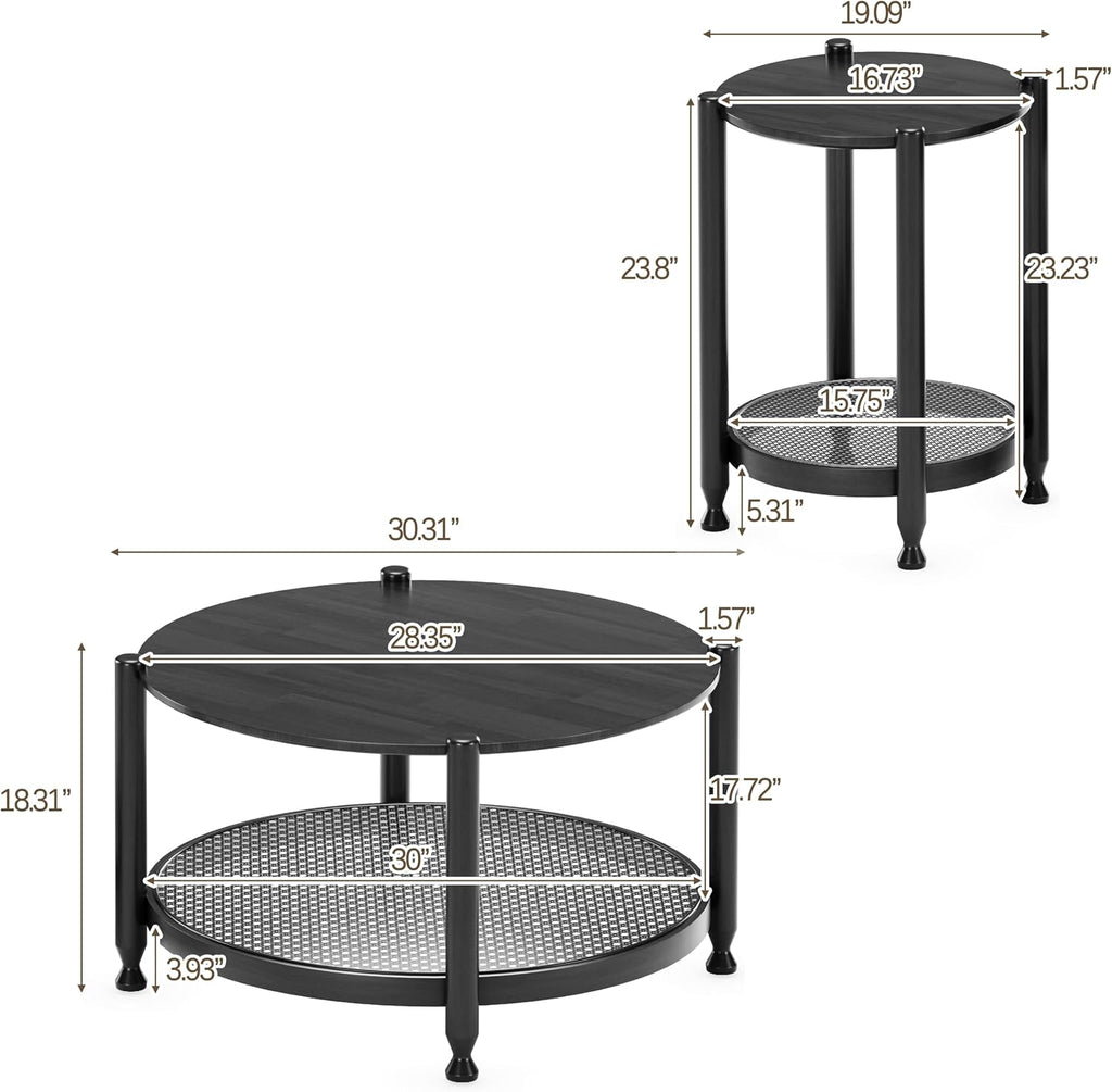Farmhouse Round Nesting Coffee Table Set of 2, Solid Wood Round Coffee Table and End Table Set with Woven Rattan Storage Shelf, Black