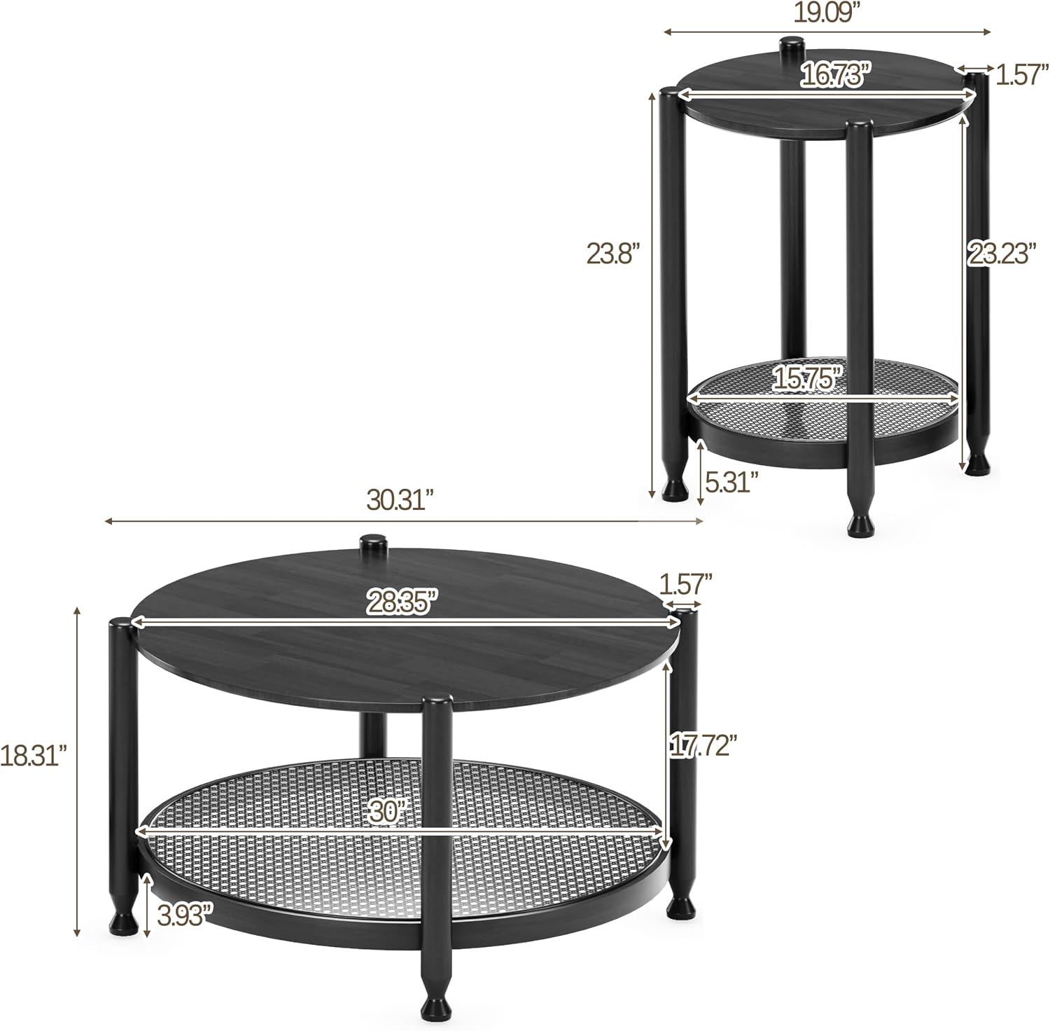 Farmhouse Round Nesting Coffee Table Set of 2, Solid Wood Round Coffee Table and End Table Set with Woven Rattan Storage Shelf, Black