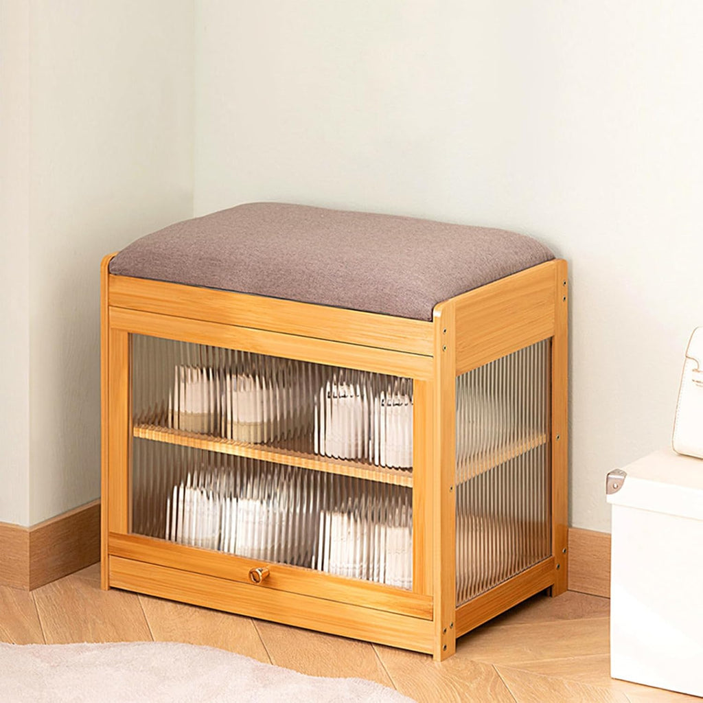 Shoe Storage Bench- Bamboo Entryway Bench with Seat Cushion, 2-Tier Shoe Rack with Removable Dividers and Hidden Storage Space, Organizer Ottoman for Bedroom, Mud Room, Patio, Natural-Small
