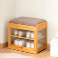 Shoe Storage Bench- Bamboo Entryway Bench with Seat Cushion, 2-Tier Shoe Rack with Removable Dividers and Hidden Storage Space, Organizer Ottoman for Bedroom, Mud Room, Patio, Natural-Small