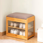 Shoe Storage Bench- Bamboo Entryway Bench with Seat Cushion, 2-Tier Shoe Rack with Removable Dividers and Hidden Storage Space, Organizer Ottoman for Bedroom, Mud Room, Patio, Natural-Small