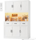 HOSTACK Kitchen Pantry Storage Cabinet, Tall Kitchen Hutch Cabinet, White | 47"W Food Pantry Cabinet with Smart LED / Charging Station / Countertop / 3 Large Drawers, 72"H Storage Hutch, Dining Room