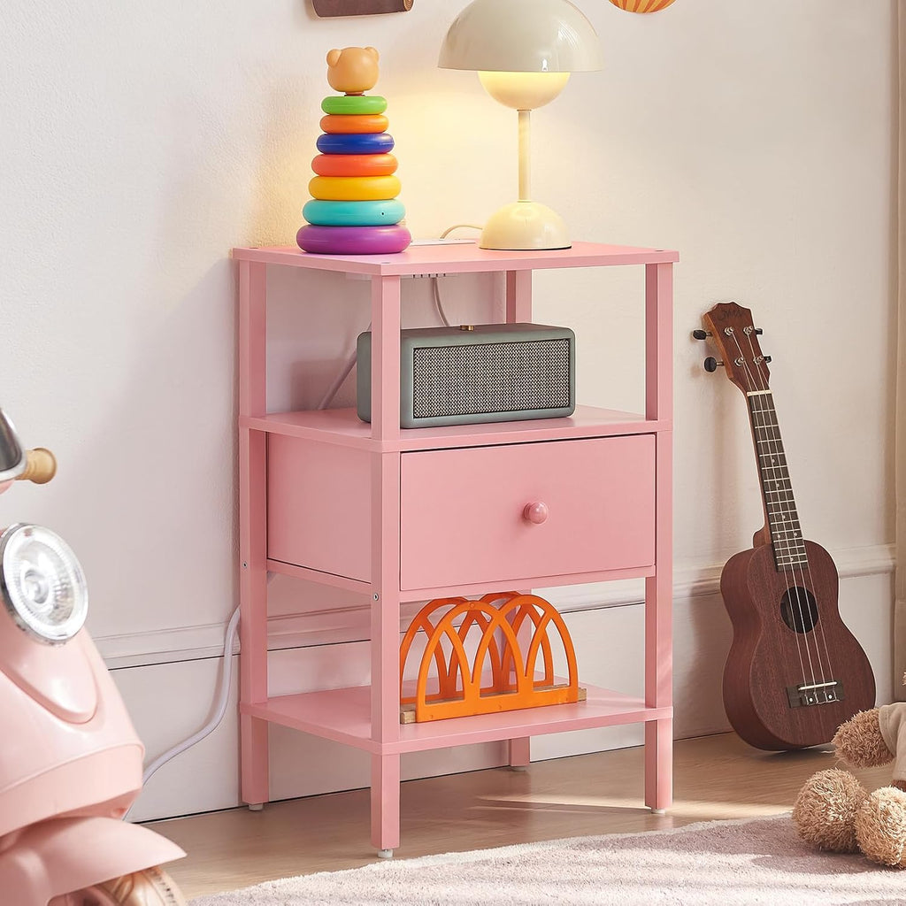 Lerliuo Nightstand with Charging Station and USB Ports, 3-Tier Storage Pink End Table with Drawer Shelf, Night Stand for Small Spaces, Wood Bedside Table for Living Room, Bedroom - ‌Light Pink