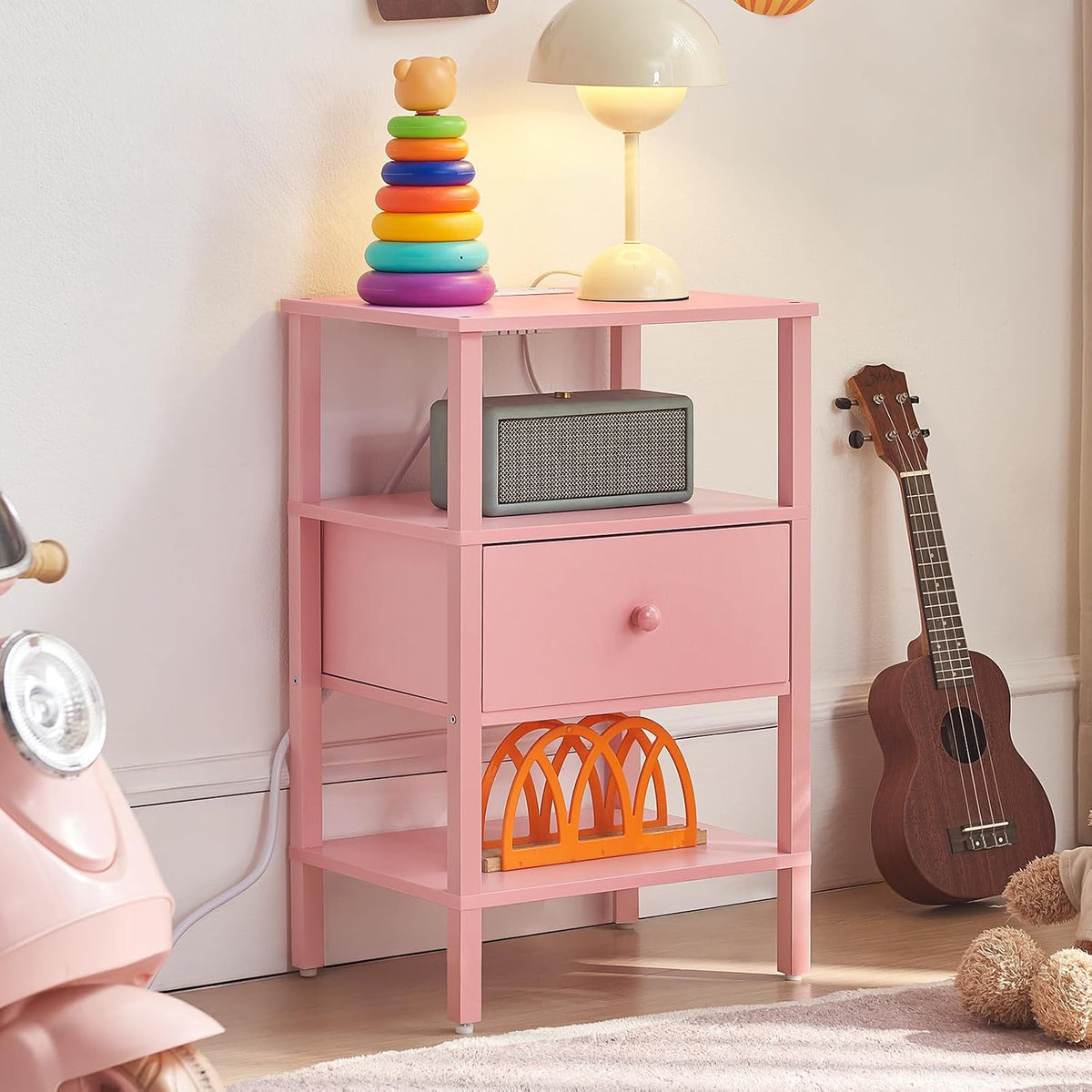 Lerliuo Nightstand with Charging Station and USB Ports, 3-Tier Storage Pink End Table with Drawer Shelf, Night Stand for Small Spaces, Wood Bedside Table for Living Room, Bedroom - ‌Light Pink