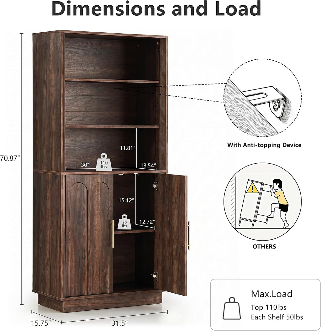FORTUNETEC 71" Tall Bookcase, 3-Tier Bookshelf with Storage, Walnut
