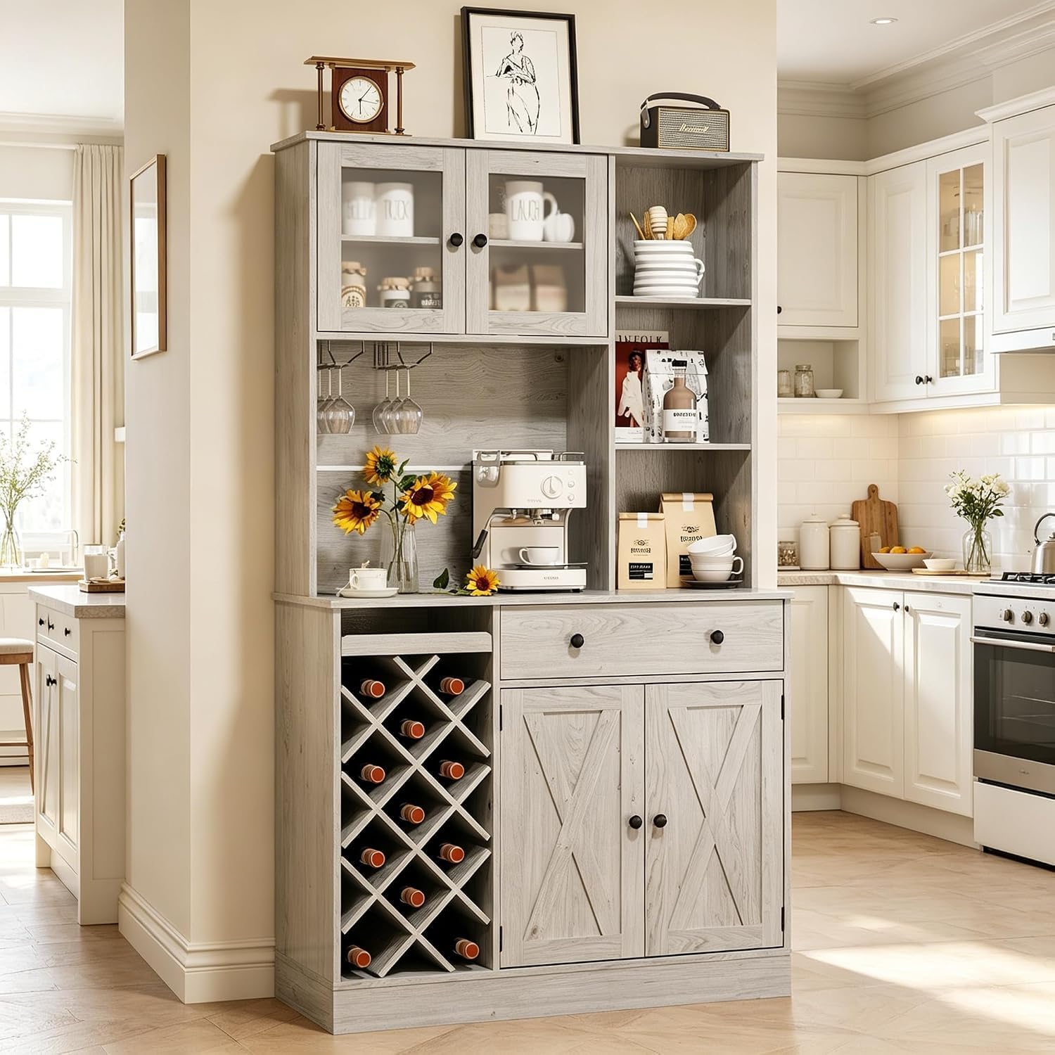 MDF Tall Wine Cabinet with Acrylic Double Doors, 45 Inch Bar Cabinet for Liquor Glasses Storage, Free Standing Home Bar with Display Shelf for Living Room Dining Room Kitchen
