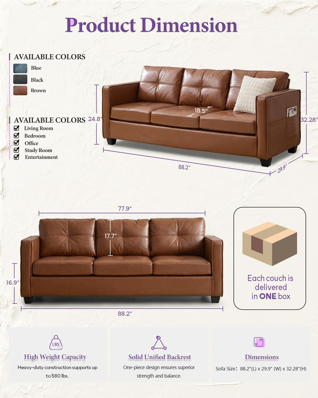 Brown Leather 3-Piece Sofa Set with USB & Type-C, Living Room Couch | TYBOATLE Sectional Couches, Comfy 3-Piece Living Room Furniture with Charging Ports, RV Office Apartment Bedroom, Brown