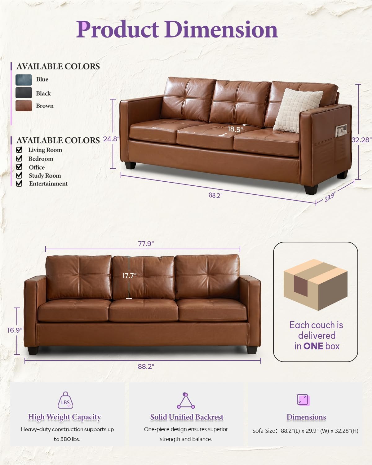 Brown Leather 3-Piece Sofa Set with USB & Type-C, Living Room Couch | TYBOATLE Sectional Couches, Comfy 3-Piece Living Room Furniture with Charging Ports, RV Office Apartment Bedroom, Brown