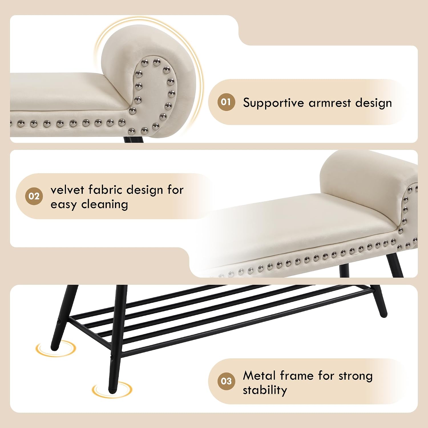 End of Bed Bench with Shoe Shelf, 45" Modern Velvet Upholstered Bedroom Bench with Rolled Arms and Metal Frame for Entryway, Living Room, Hallway, Foyer, 300 lbs, Cream